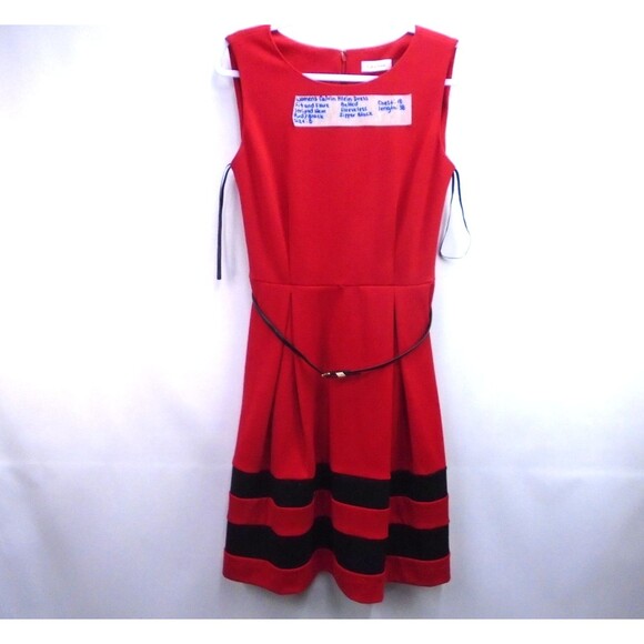 Calvin Klein Dresses & Skirts - Calvin Klein Women's Fit & Flare Sleeveless Dress Size 8 Belted Red Striped Hem
